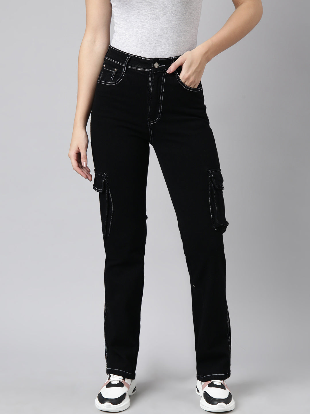Black Straight Fit Stretchable Cargo Jeans