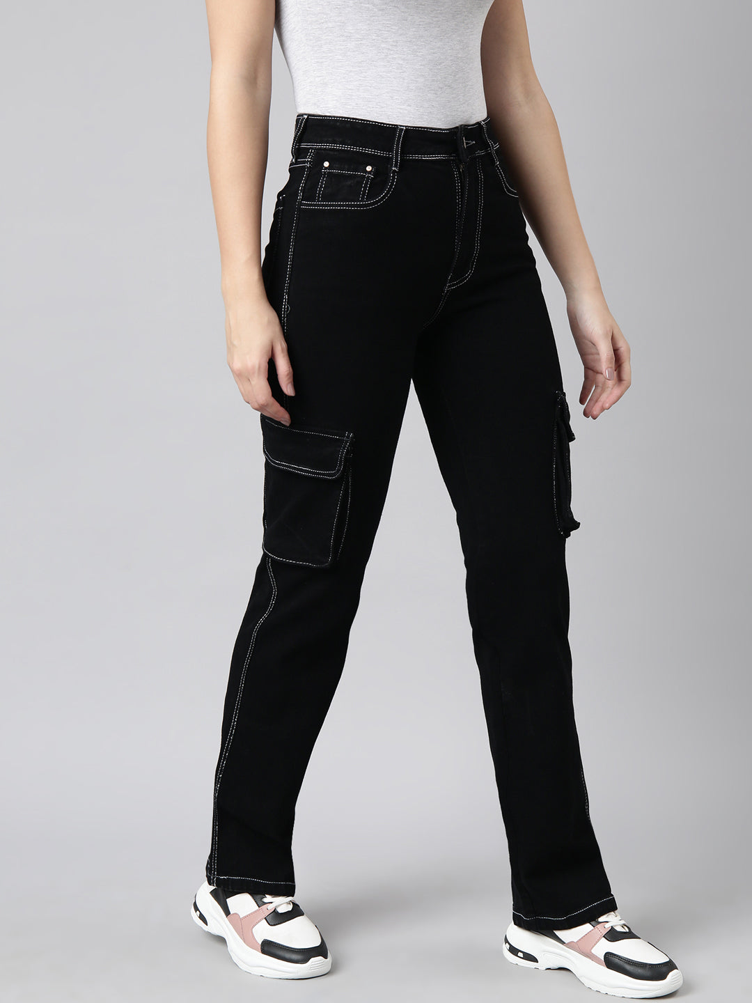 Black Straight Fit Stretchable Cargo Jeans