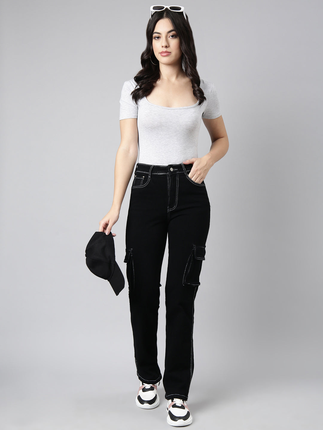 Black Straight Fit Stretchable Cargo Jeans