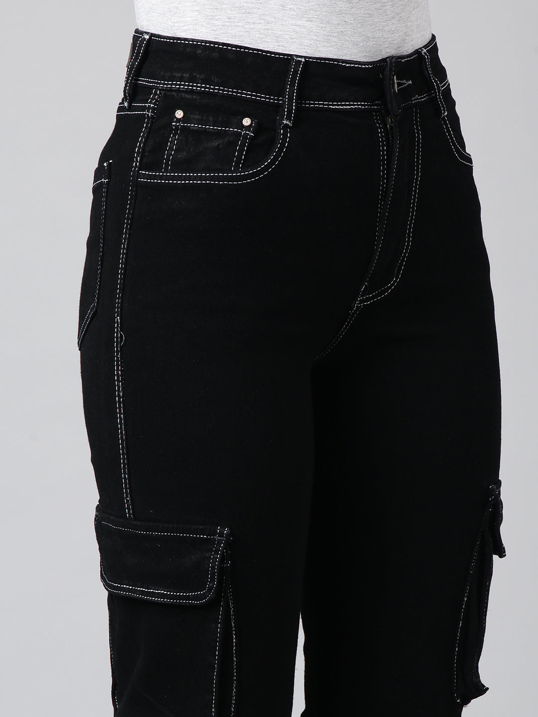 Black Straight Fit Stretchable Cargo Jeans