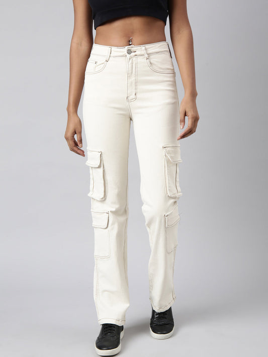 Cream Straight Fit Cargo Jeans