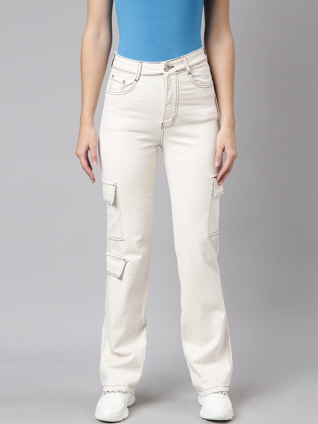 Cream Straight Fit Stretchable Cargo Jeans