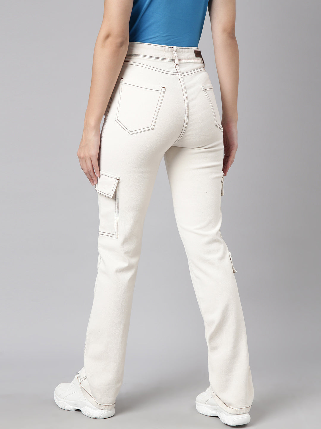 Cream Straight Fit Stretchable Cargo Jeans