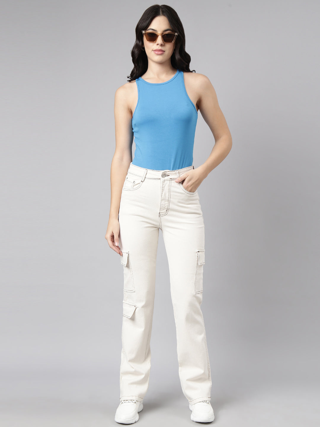 Cream Straight Fit Stretchable Cargo Jeans