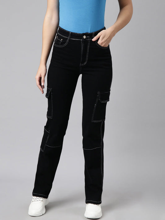 Black Straight Fit Stretchable Cargo Jeans