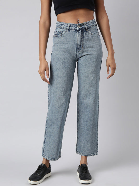 Blue Straight Fit Heavy Fade Acid Wash Jeans