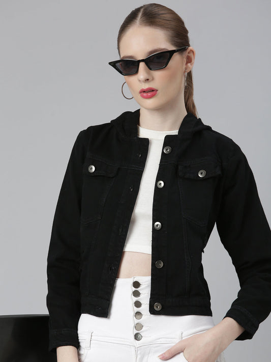 Black Spread Collar Cotton Denim Jacket