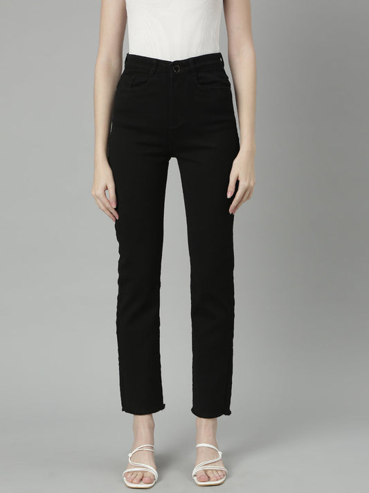 Black Jean Straight Fit Mid-Rise Cropped Stretchable Jeans