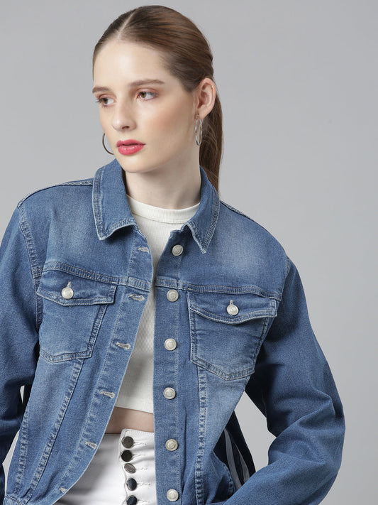 Blue Spread Collar Crop Denim Jacket