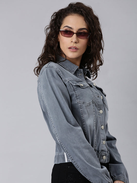 Grey Shirt Collar Denim Jacket