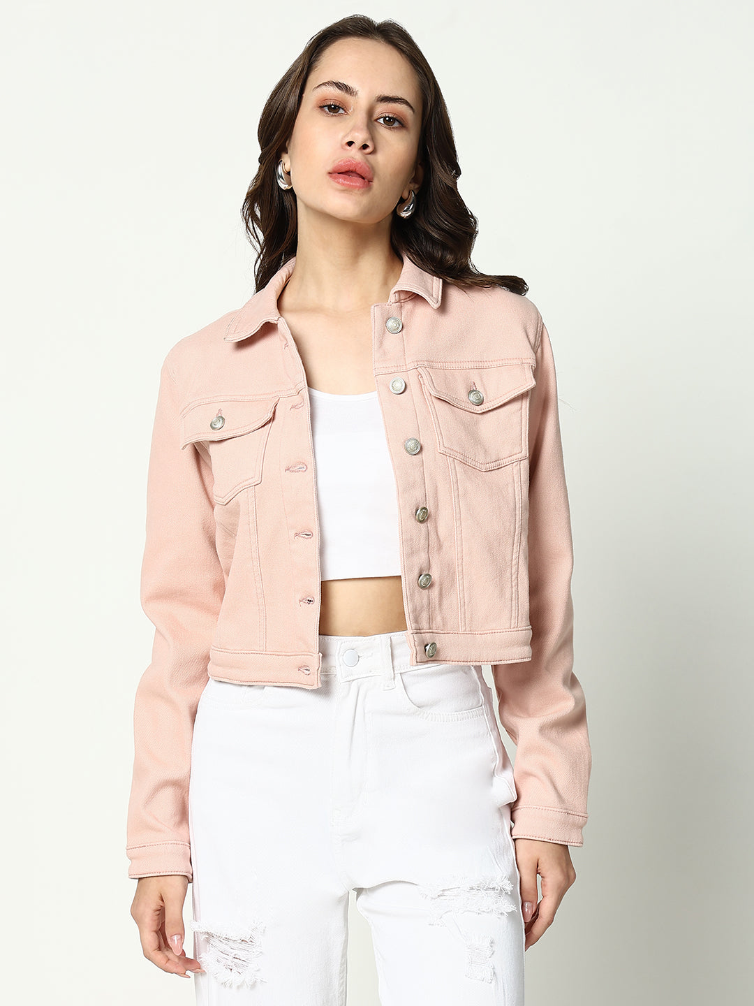 Peach Spread Collar Crop Denim Jacket