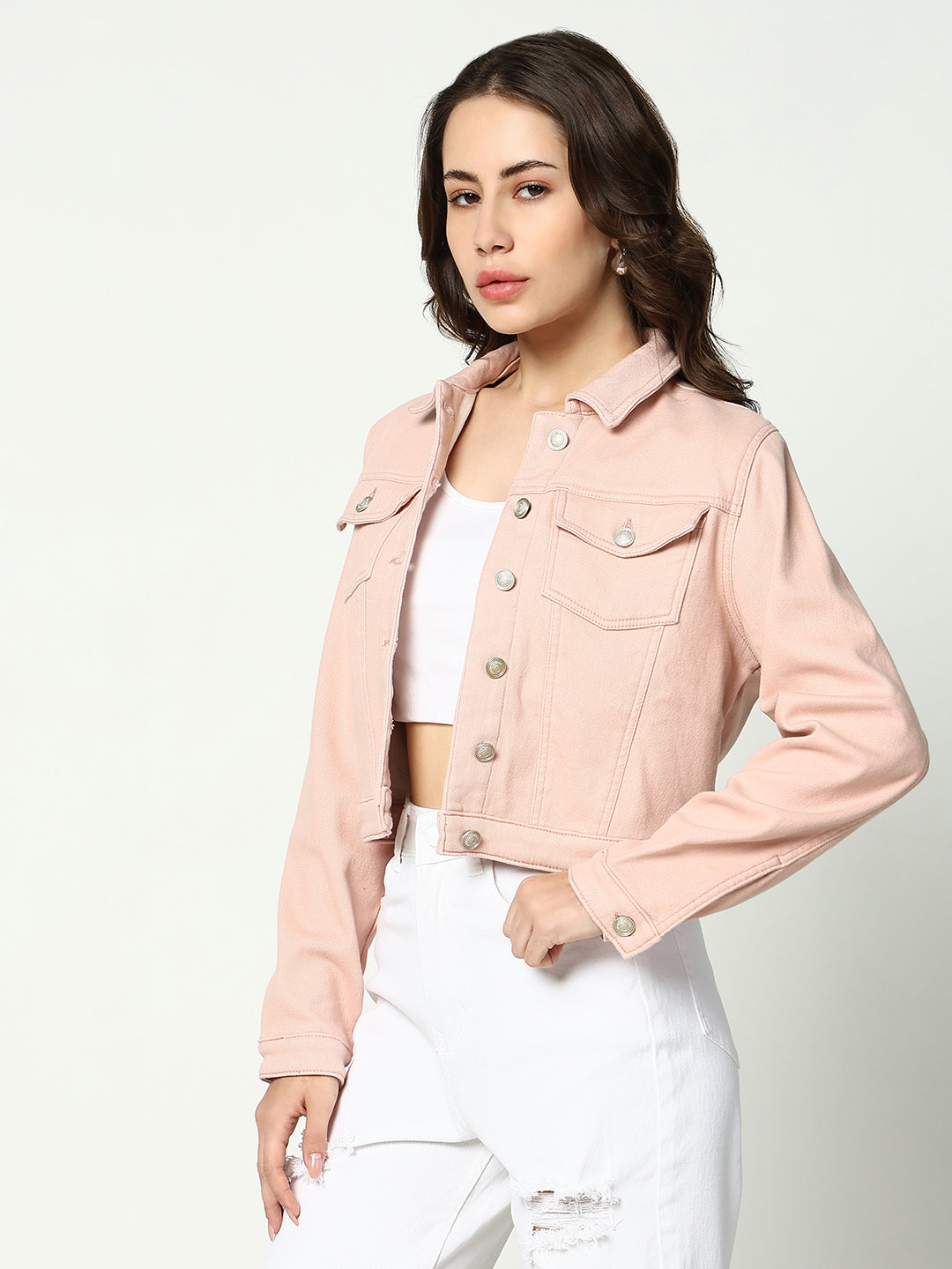 Peach Spread Collar Crop Denim Jacket