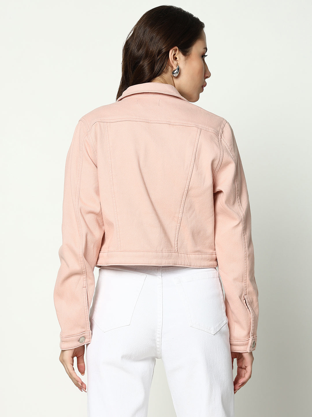 Peach Spread Collar Crop Denim Jacket