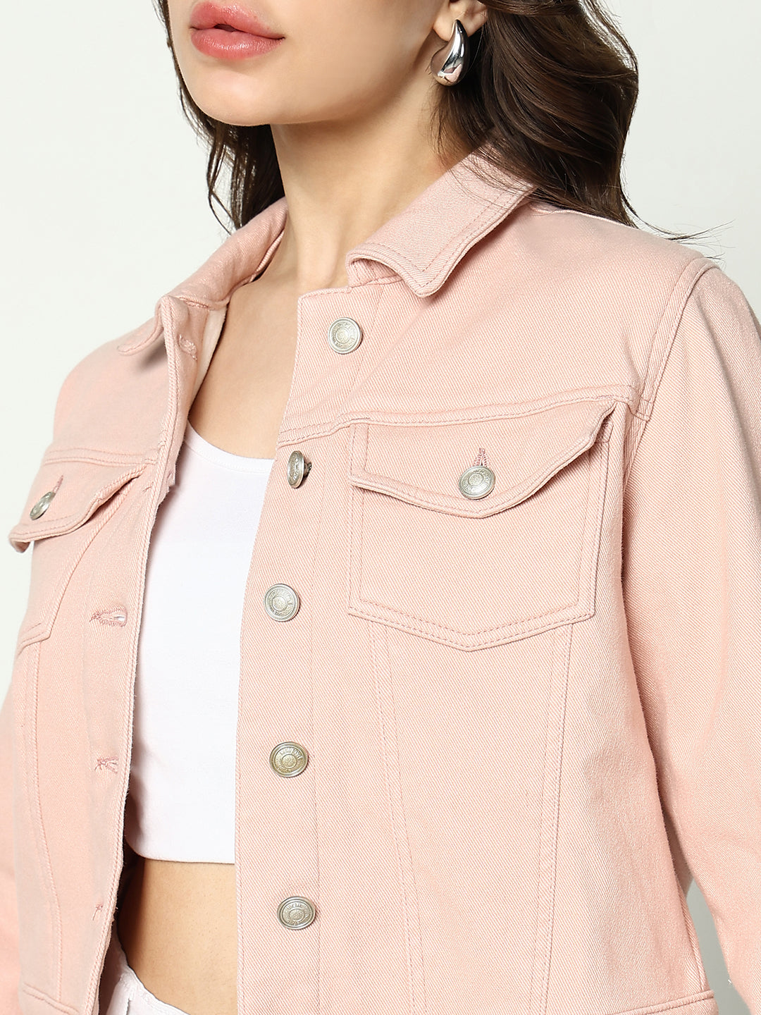 Peach Spread Collar Crop Denim Jacket
