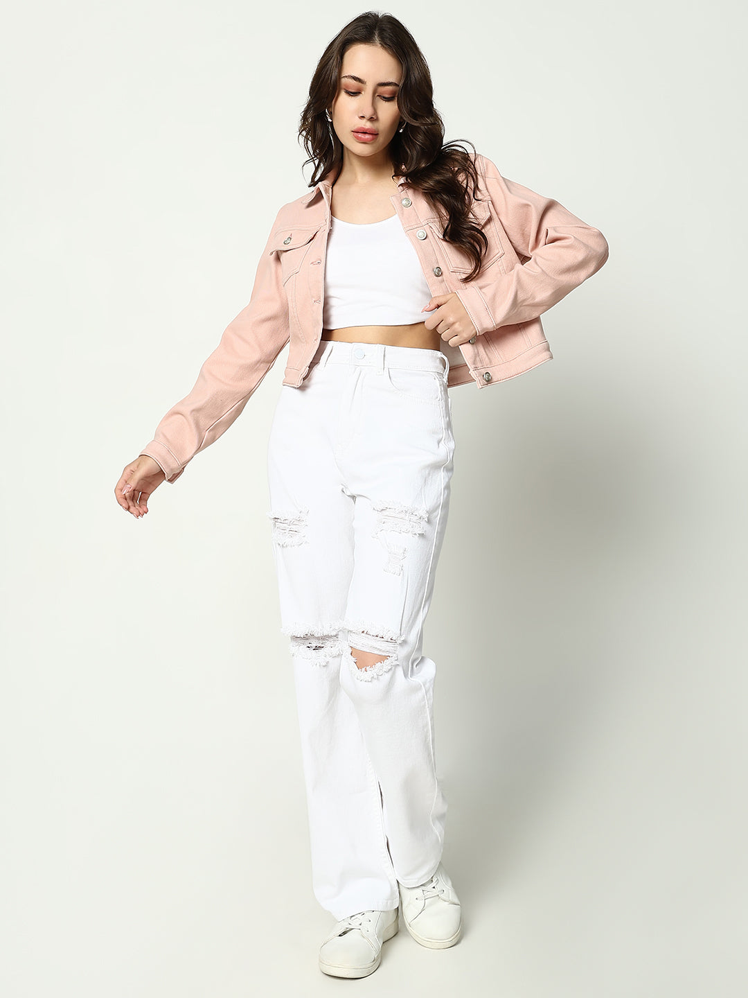 Peach Spread Collar Crop Denim Jacket