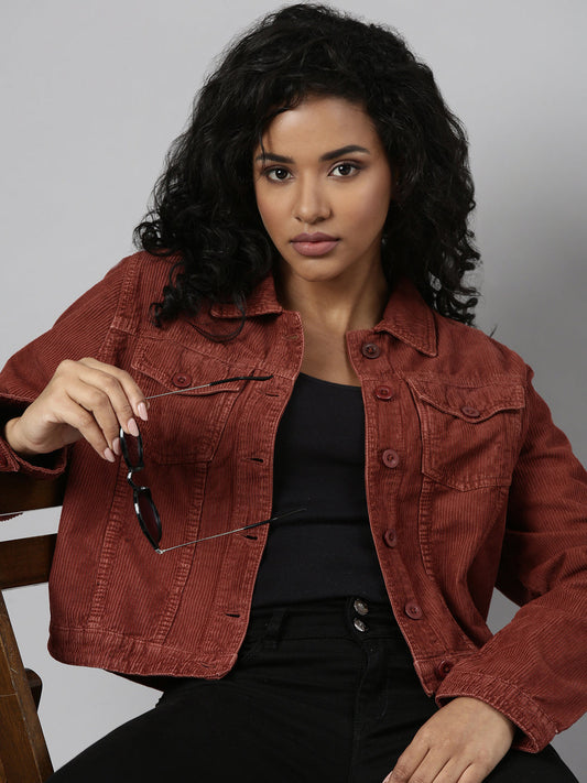 Rust Corduroy Crop Denim Jacket