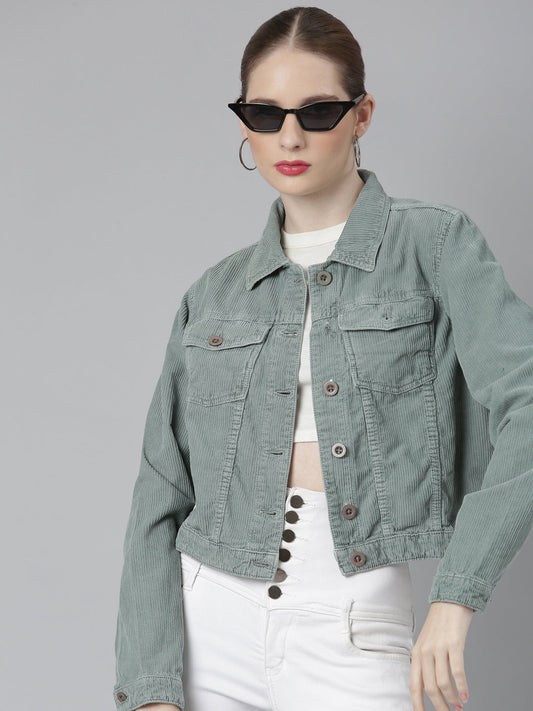 Sea Green Spread Collar Crop Corduroy Denim Jacket