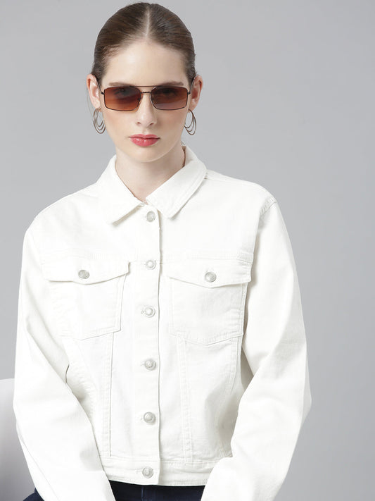 White Spread Collar Crop Denim Jacket