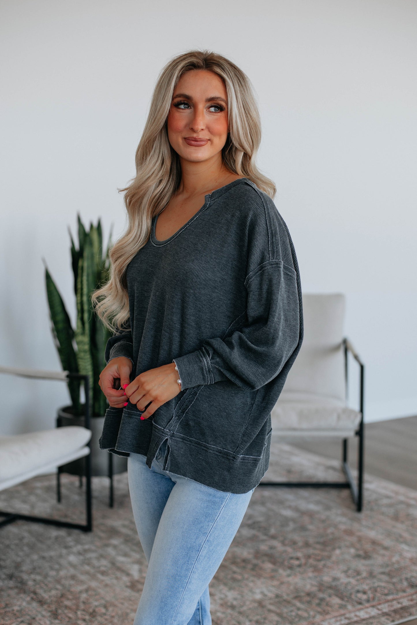 Kathrin Waffle Knit Top - Vintage Black