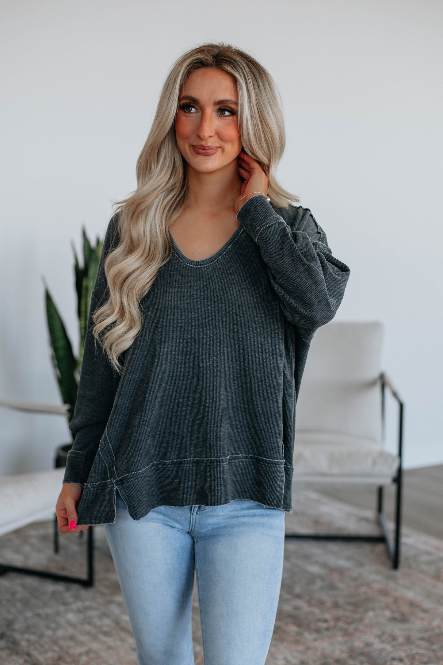 Kathrin Waffle Knit Top - Vintage Black