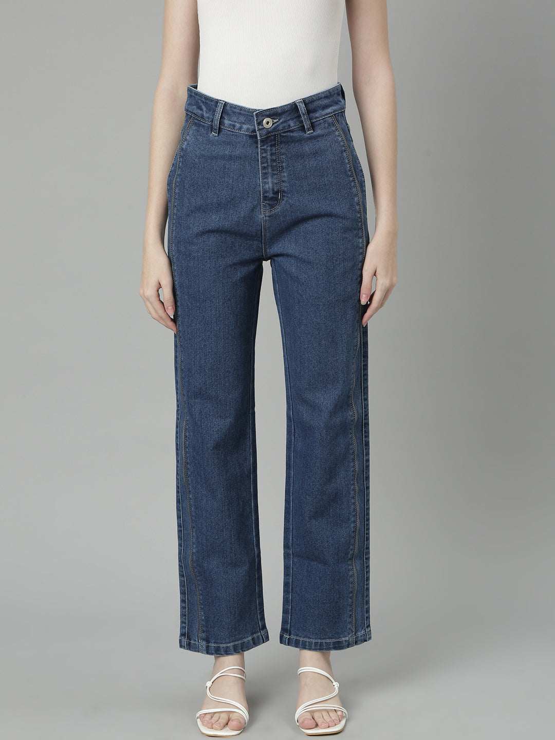 Blue Jean Straight Fit Clean Look Mid-Rise Stretchable Jeans