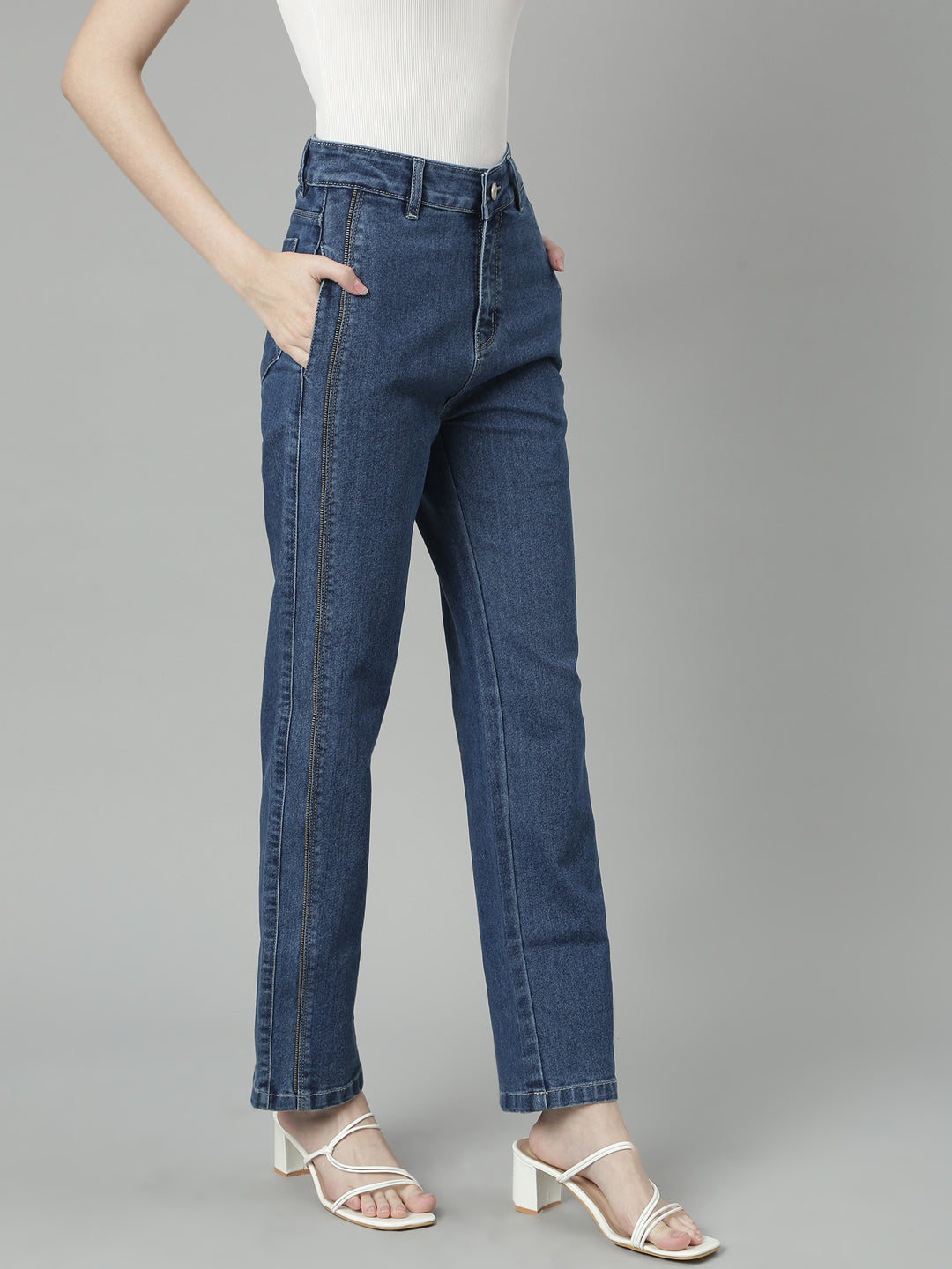 Blue Jean Straight Fit Clean Look Mid-Rise Stretchable Jeans