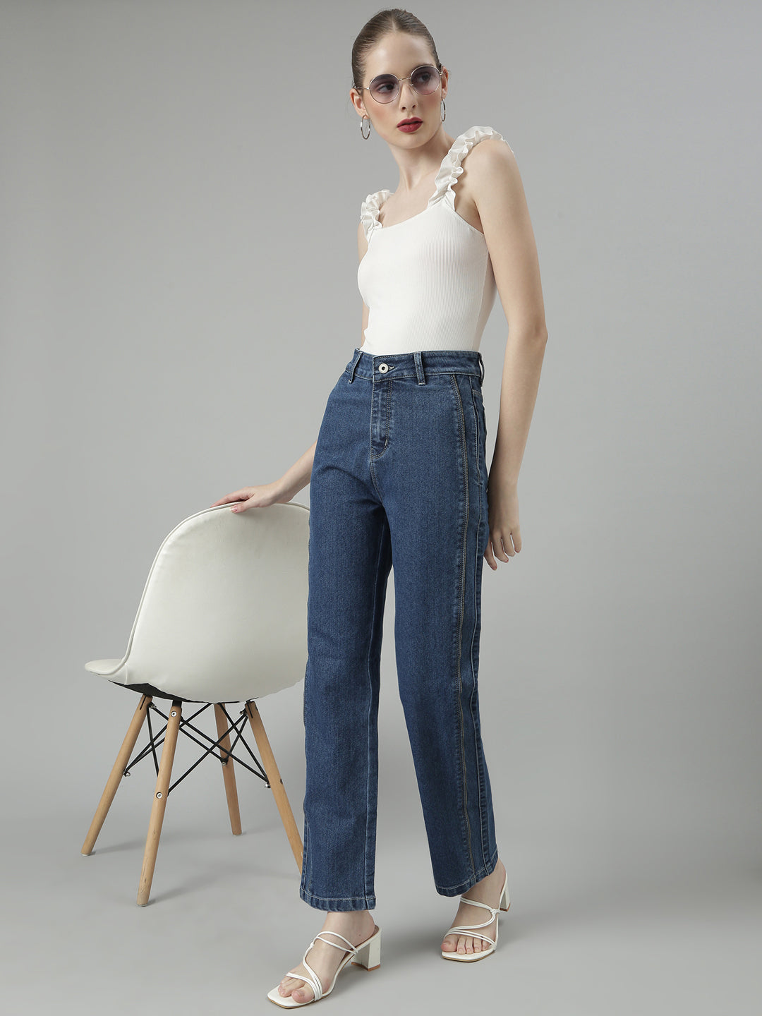 Blue Jean Straight Fit Clean Look Mid-Rise Stretchable Jeans