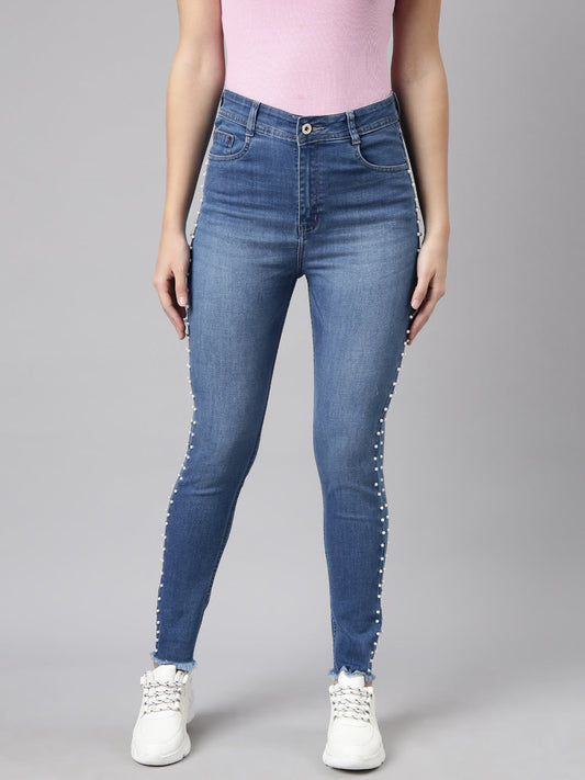 Blue Skinny Fit Light Fade Embellished Stretchable Jeans