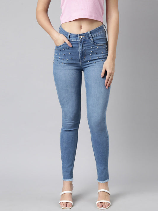 Blue Skinny Fit Light Fade Embellished Jeans