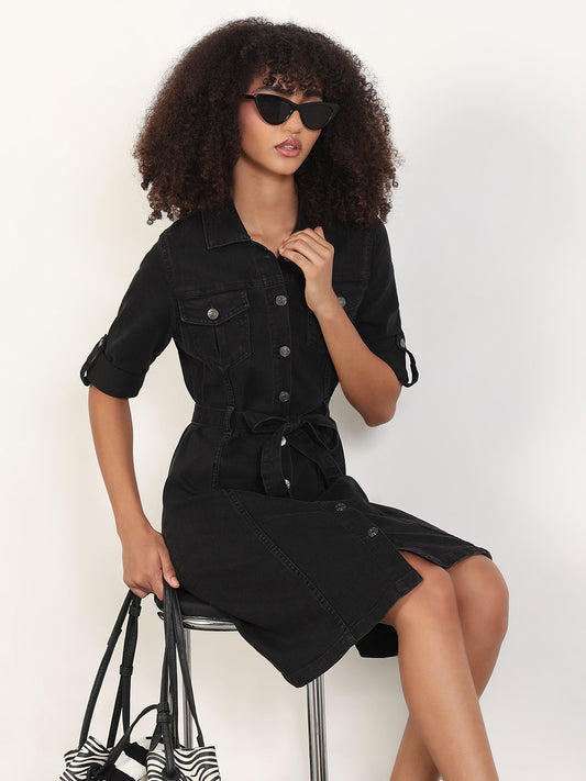 Solid Black Shirt Knee Length Denim Dress with Fabric Belt