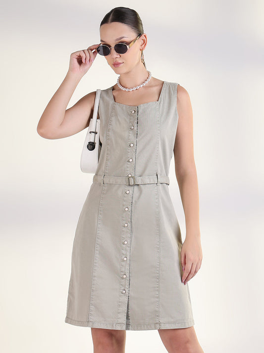 Solid Beige A-Line Knee Length Denim Dress with Belt