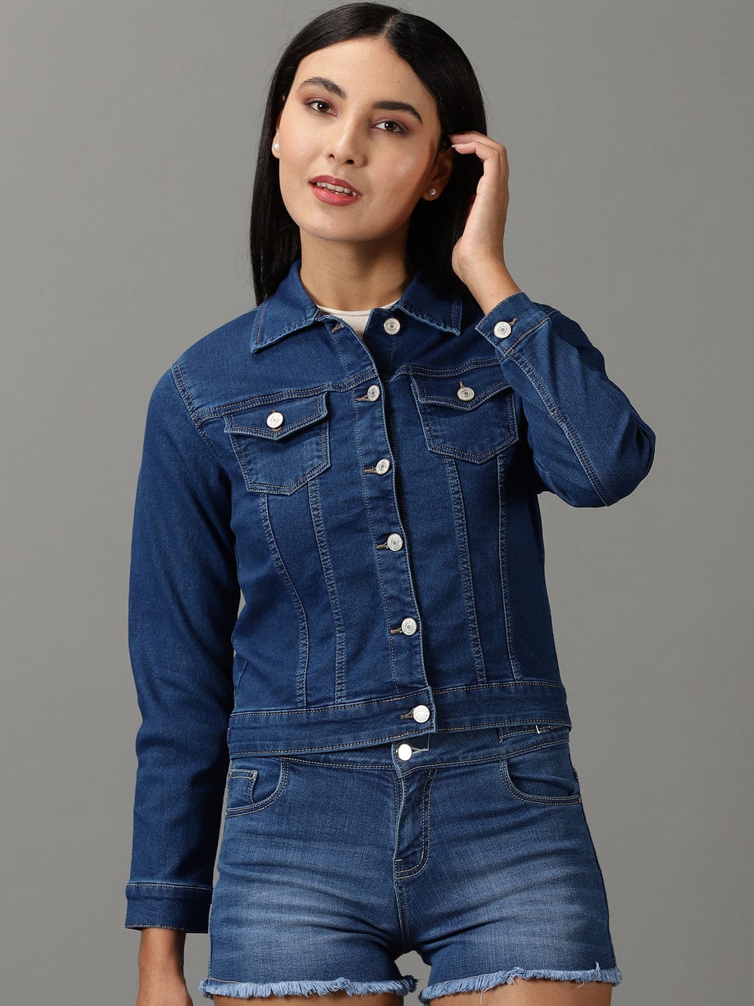 Navy Blue Spread Collar Regular Denim Jacket