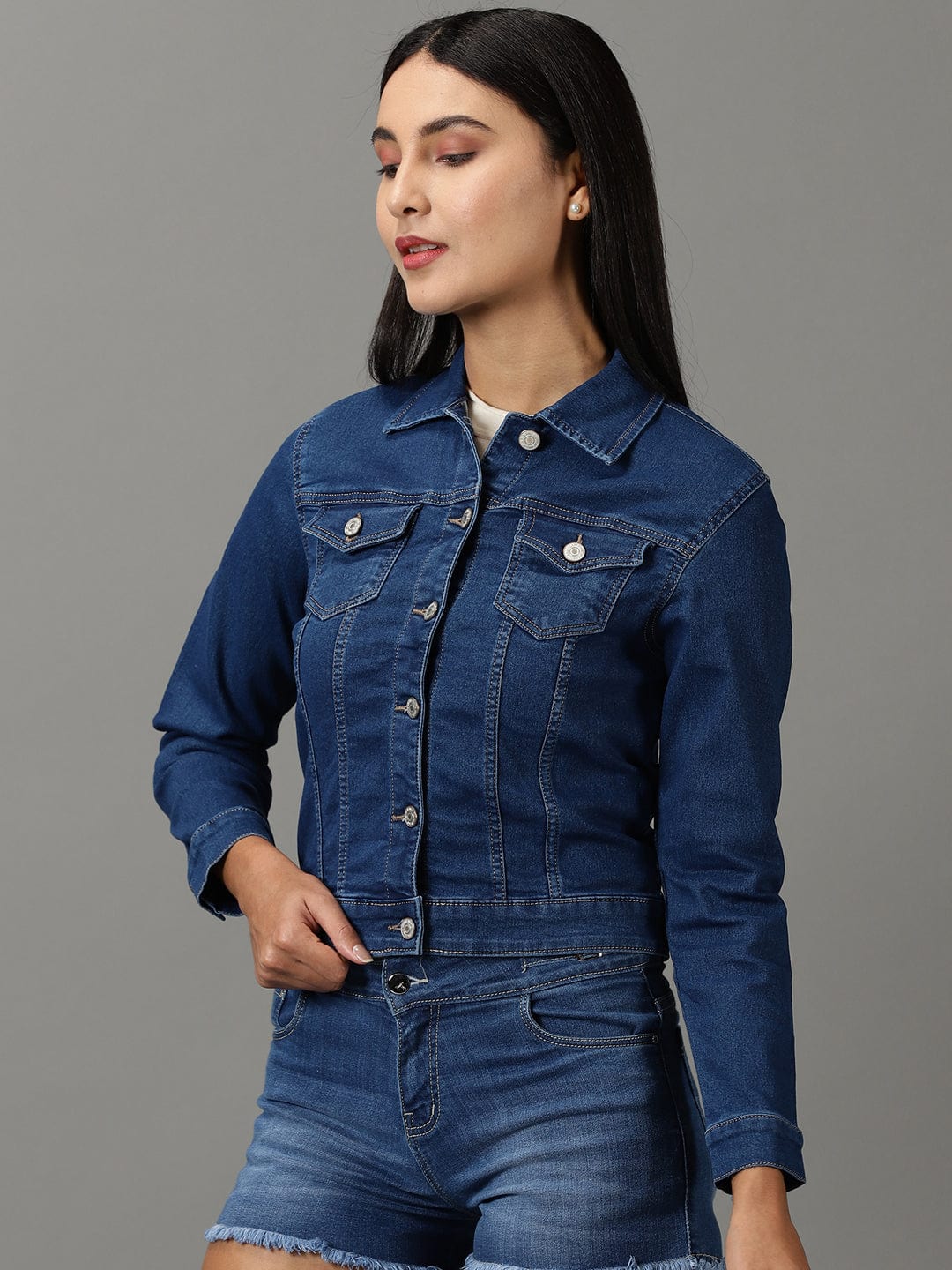 Navy Blue Spread Collar Regular Denim Jacket
