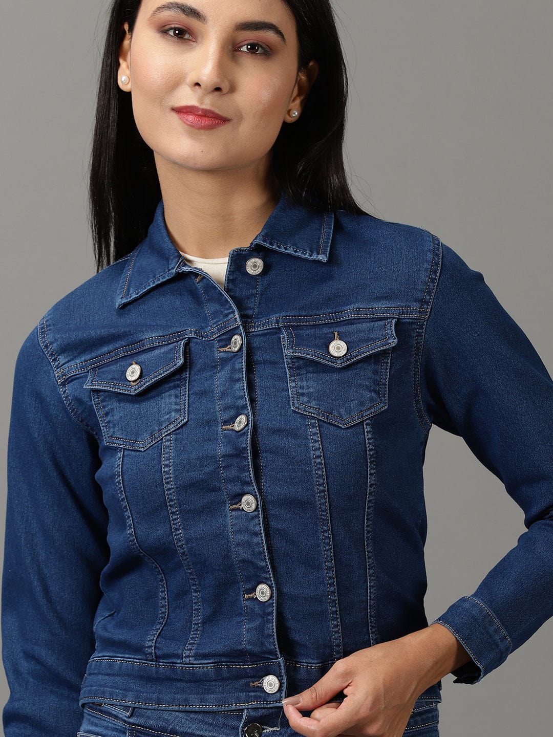 Navy Blue Spread Collar Regular Denim Jacket