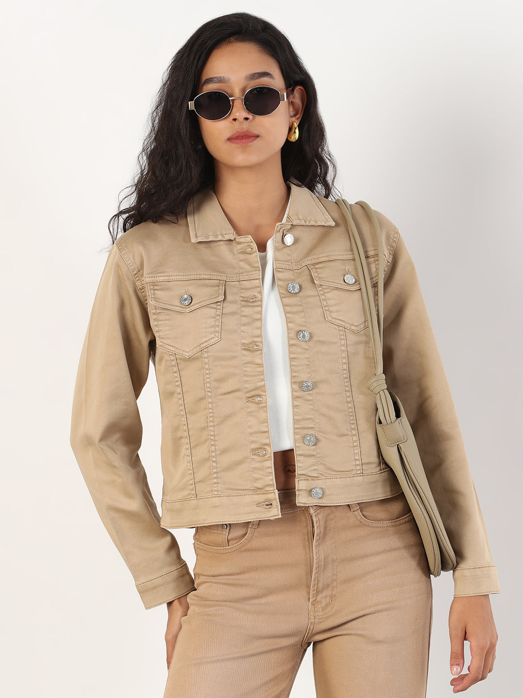 Spread Collar Khaki Solid Denim Jacket