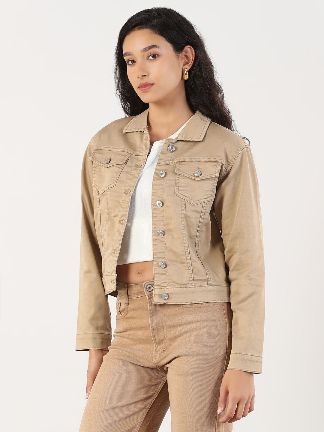 Spread Collar Khaki Solid Denim Jacket