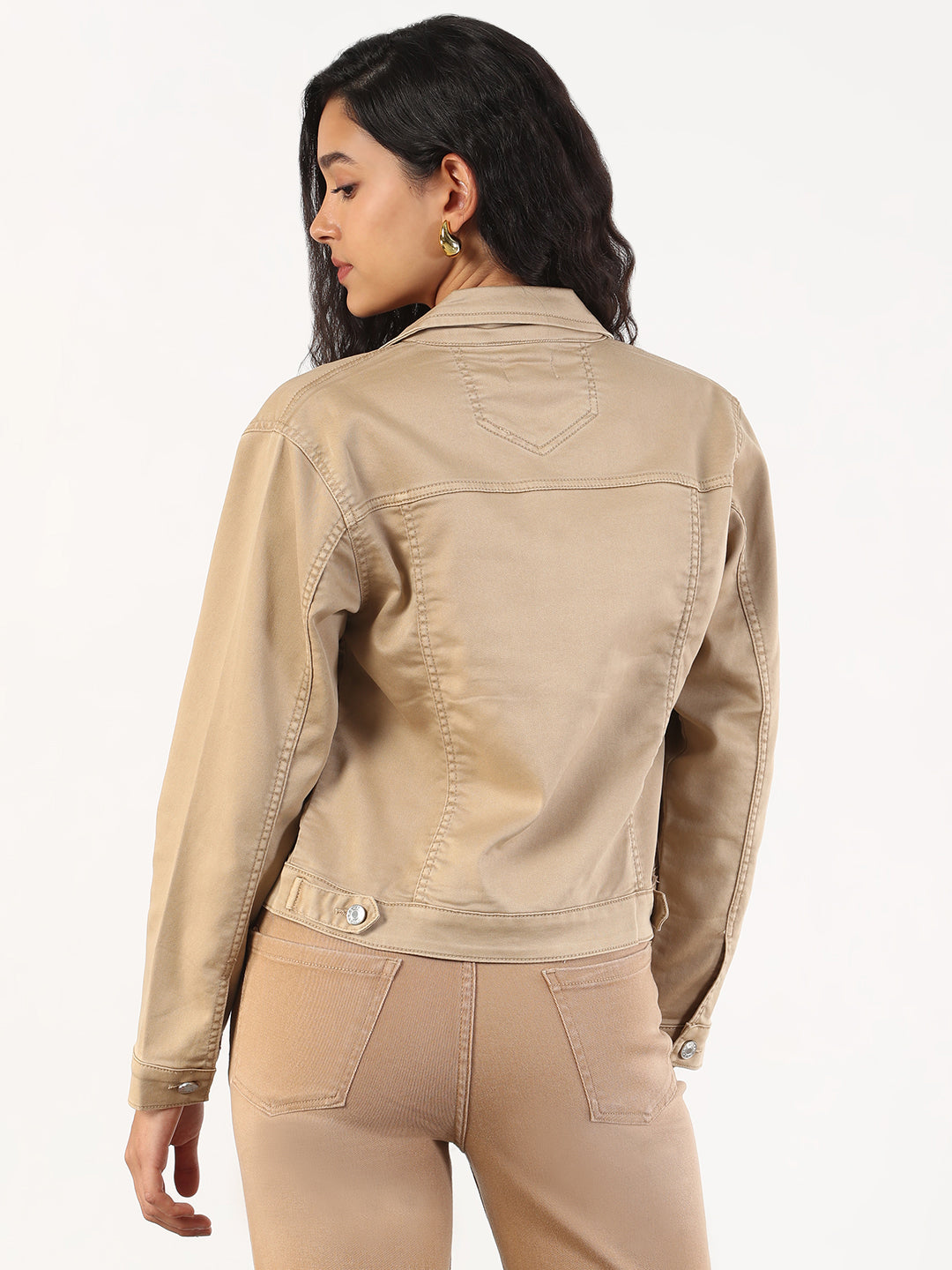 Spread Collar Khaki Solid Denim Jacket