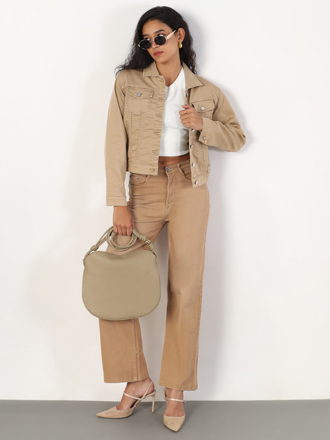 Spread Collar Khaki Solid Denim Jacket