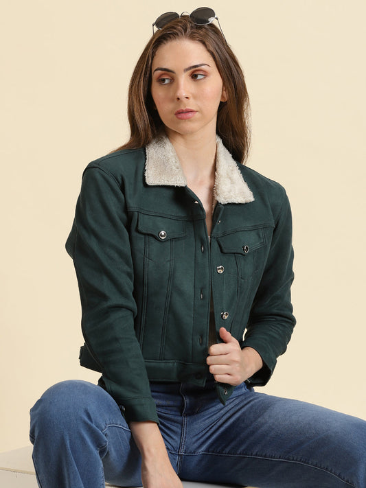 Green Fleece Crop Tailored Jacket With Faux Fur Trim